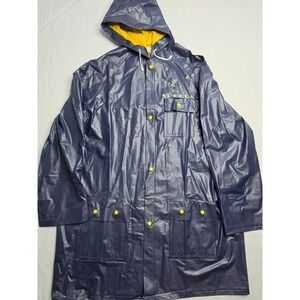 Alaska Raincoat Men's XL Navy Blue Logo Raglan Sleeve Snap Front Hooded Outdoor